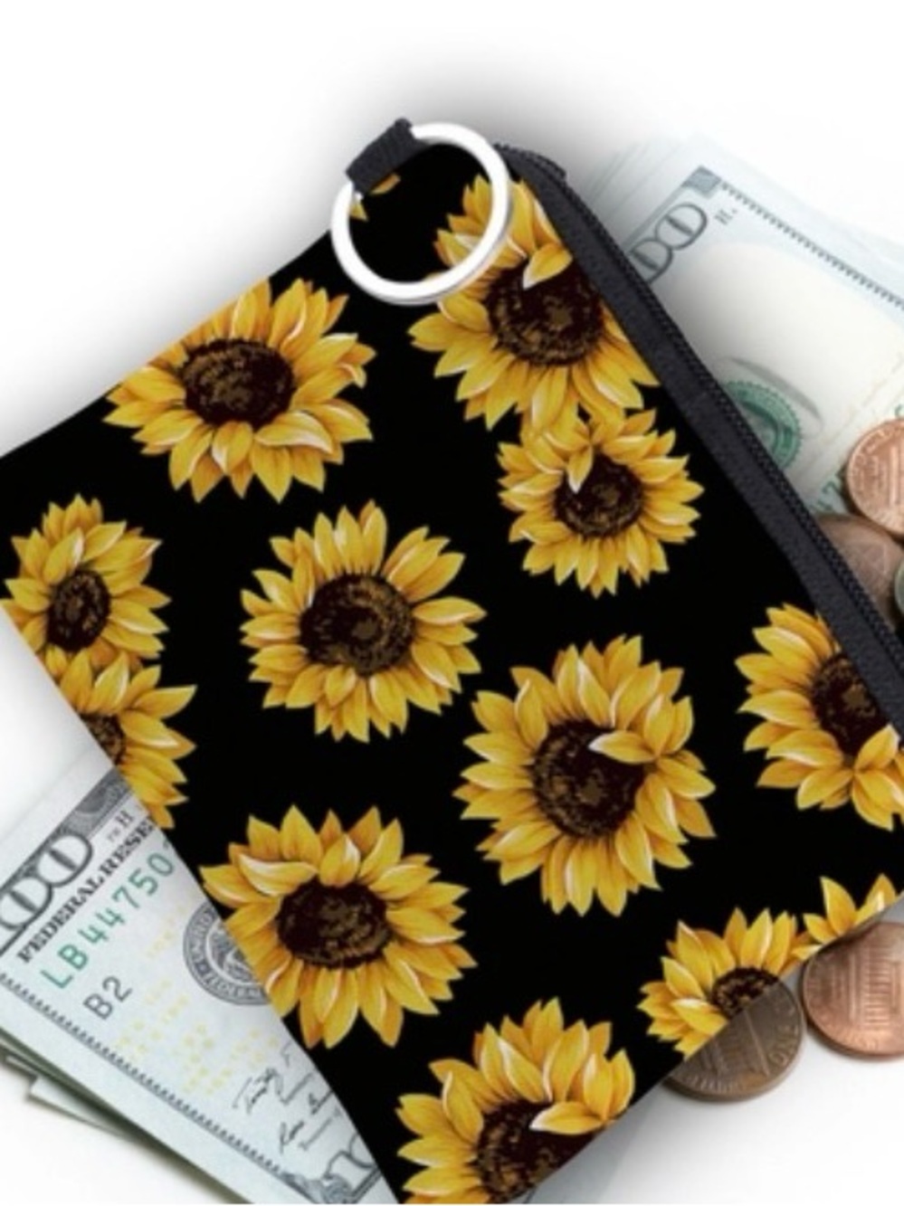 Sunflower Pattern Black Coin Pouch - Unbranded